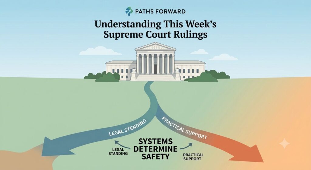 An educational illustration showing the U.S. Supreme Court building centered in the background under a clear sky. In the foreground, a single path leading away from the court splits into two distinct, sweeping arrows. One arrow points to the left, labeled with the words "Legal Standing," and the other points to the right, labeled "Practical Support." The central text between the two paths reads: "Systems Determine Safety." The header at the top reads: "Understanding This Week’s Supreme Court Rulings" alongside a small "Paths Forward" logo.