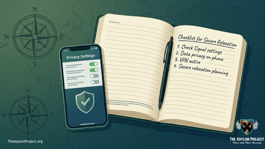 A secure digital planning checklist and map illustrating safe relocation steps for communities.
