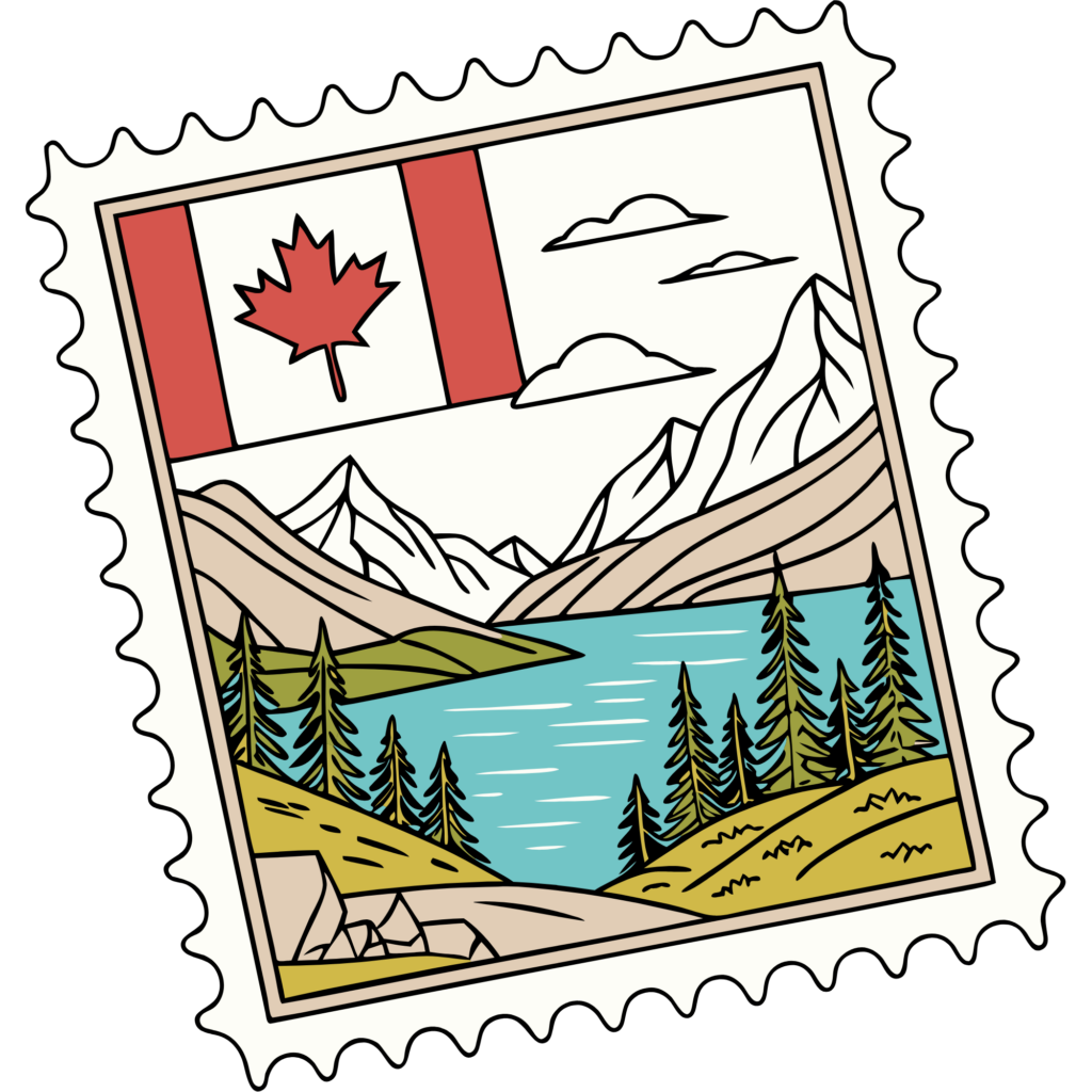 Postage stamp-style graphic of Canada.