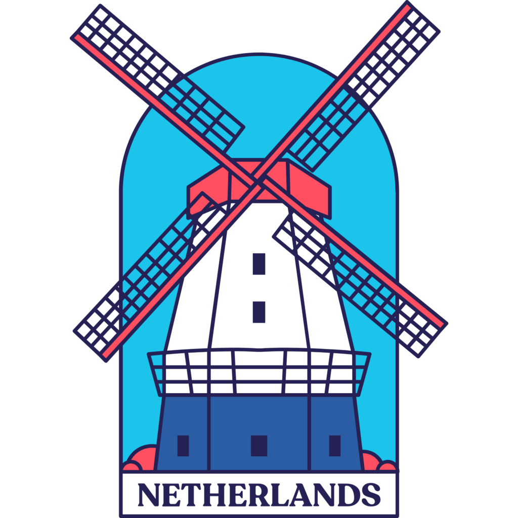 Windmill in the colors of the Dutch flag with Netherlands underneath.