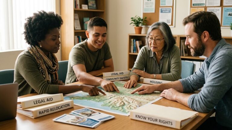 Diverse community advocates reviewing a map and a deportation defense guide at a legal aid planning table.