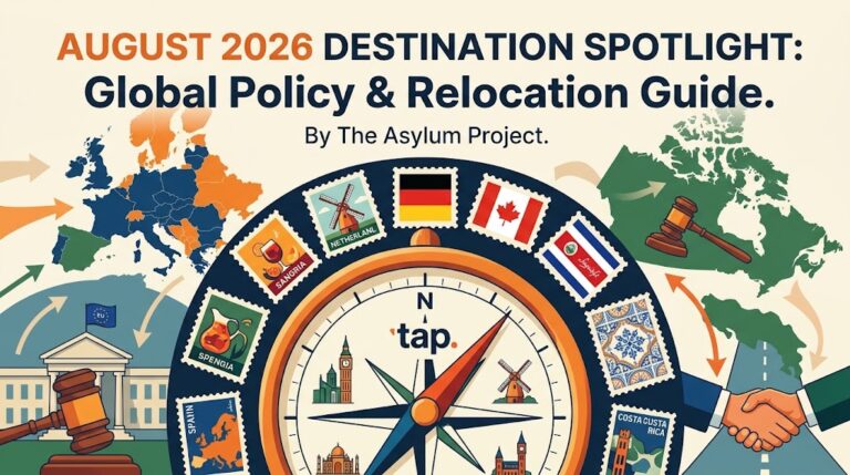 Guide to international relocation pathways 2026 featuring a central compass surrounded by country stamps and global maps.