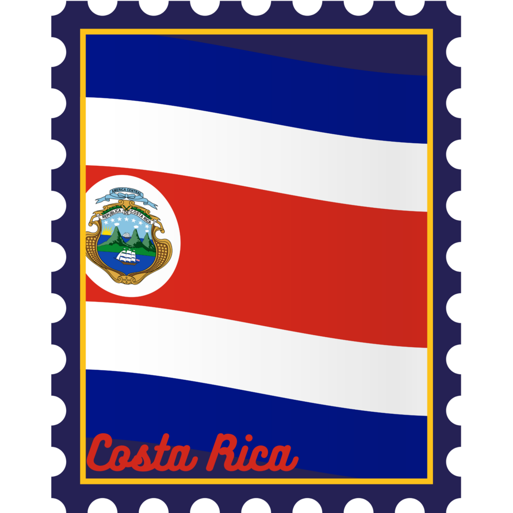 Postage stamp-style image of Costa Rican flag with the name "Costa Rica" written in script over it.