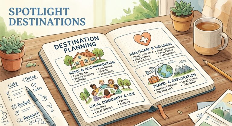 Notebook with symbols for housing, healthcare, community, and travel, illustrating planning for safety abroad.
