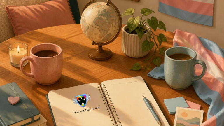 Two mugs, a blank notebook, and a globe on a table with a trans-pride color accent.