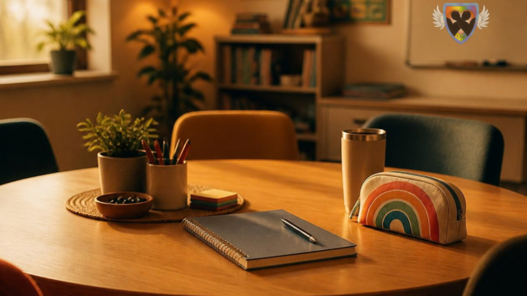 A notebook and rainbow pencil case on a school meeting table surrounded by chairs.