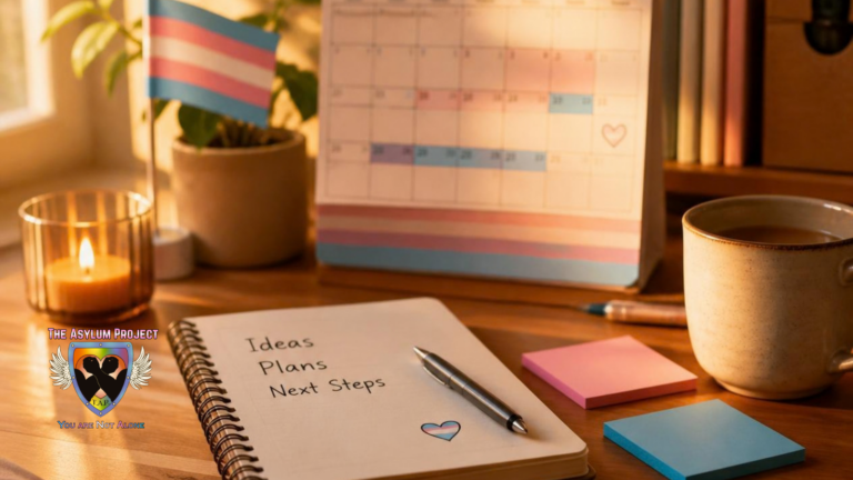 Notebook and calendar on a planning table with pink, blue, and white accents, representing medicaid and gender-affirming care planning